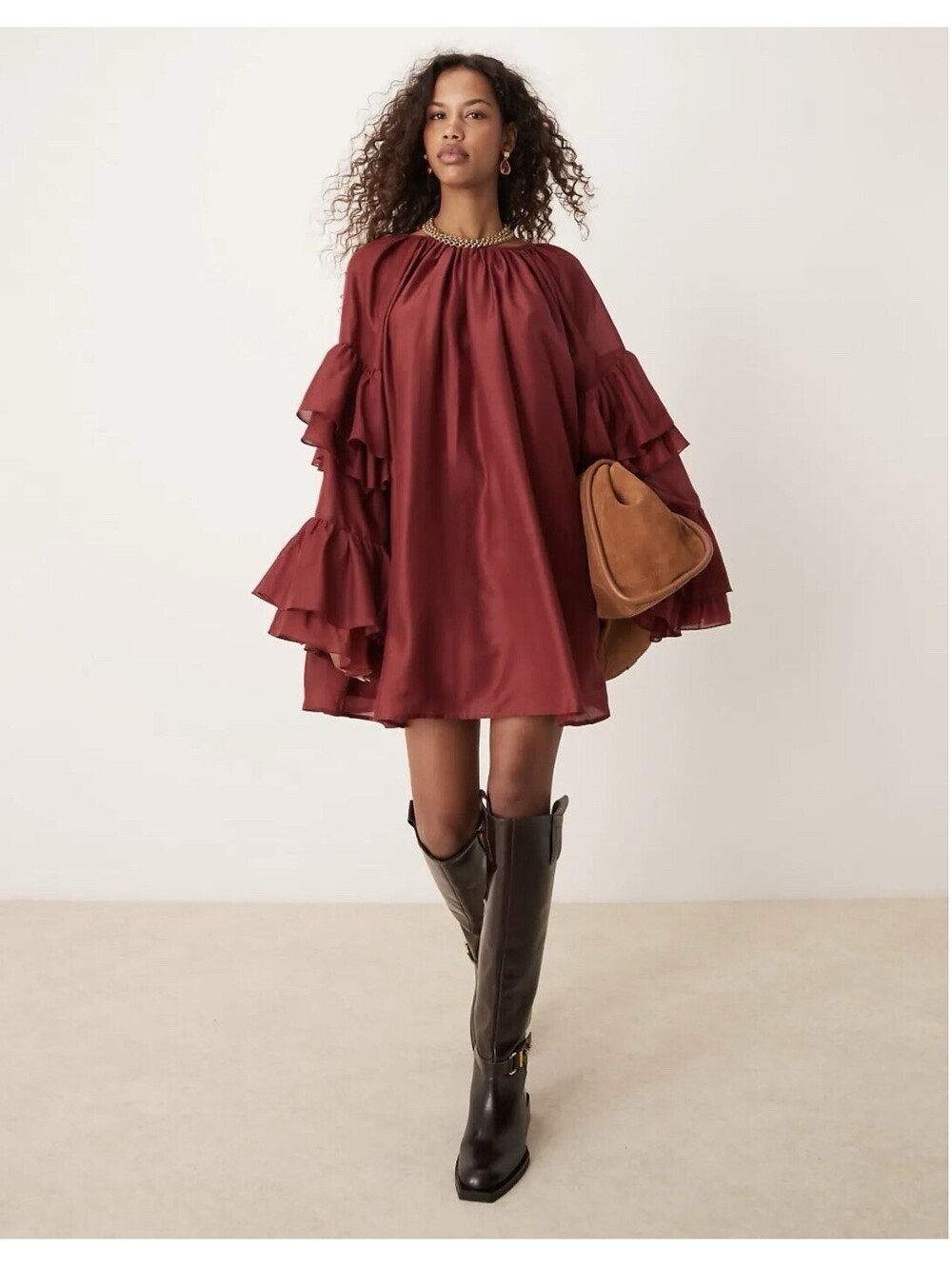 ASOS Design Voile Mini Dress Women Sz 4 Burgundy Boho Peasant Western